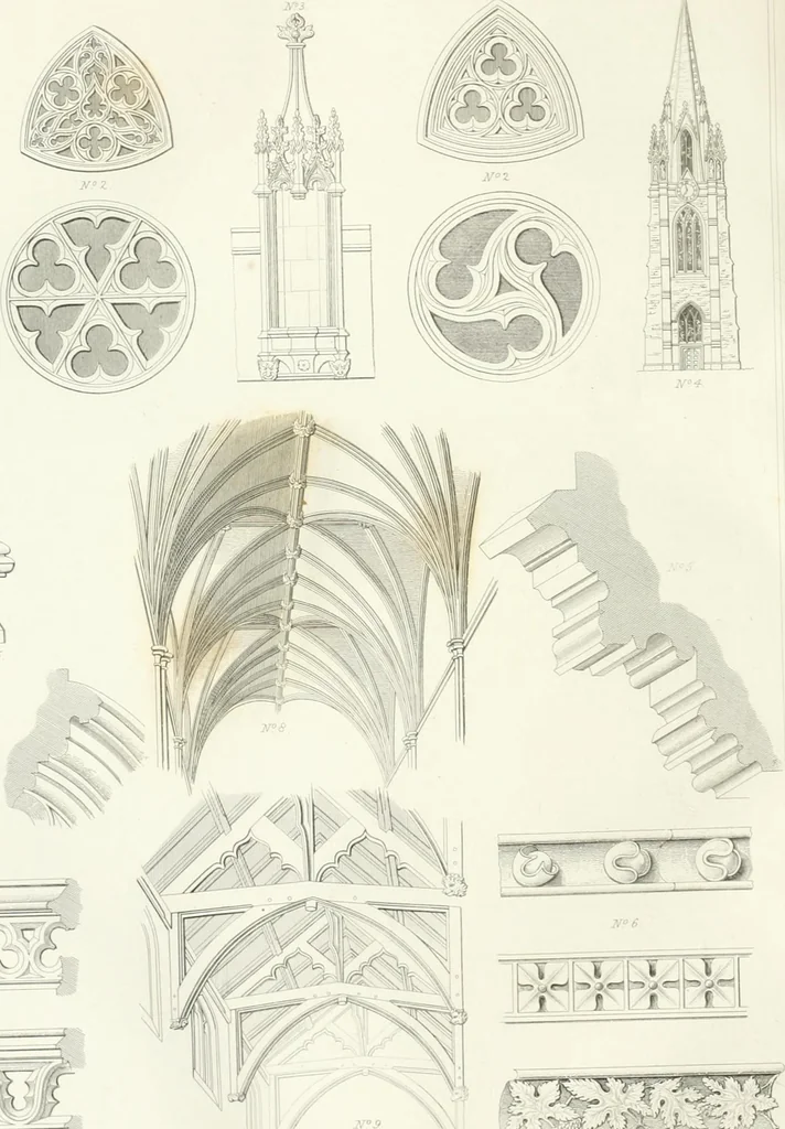 An illustration from Encyclopedia of architecture : a dictionary of the science and practice of architecture, building, carpentry, etc., from the earliest ages to the present time, forming a comprehensive work of reference for the use of architects, builders, carpenters, masons, engineers, students, professional men, and amateurs, 1852, leaf 663