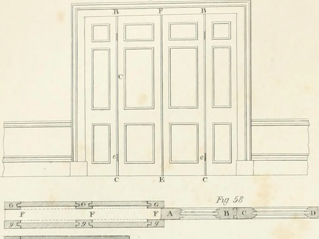 An illustration from Encyclopedia of architecture : a dictionary of the science and practice of architecture, building, carpentry, etc., from the earliest ages to the present time, forming a comprehensive work of reference for the use of architects, builders, carpenters, masons, engineers, students, professional men, and amateurs, 1852, leaf 116