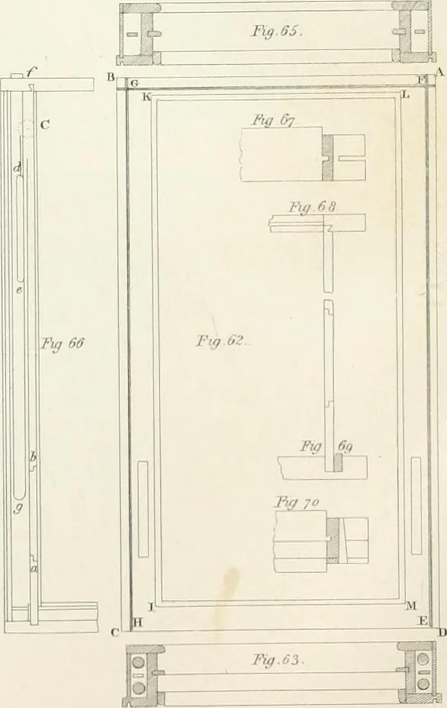 An illustration from Encyclopedia of architecture : a dictionary of the science and practice of architecture, building, carpentry, etc., from the earliest ages to the present time, forming a comprehensive work of reference for the use of architects, builders, carpenters, masons, engineers, students, professional men, and amateurs, 1852, leaf 116