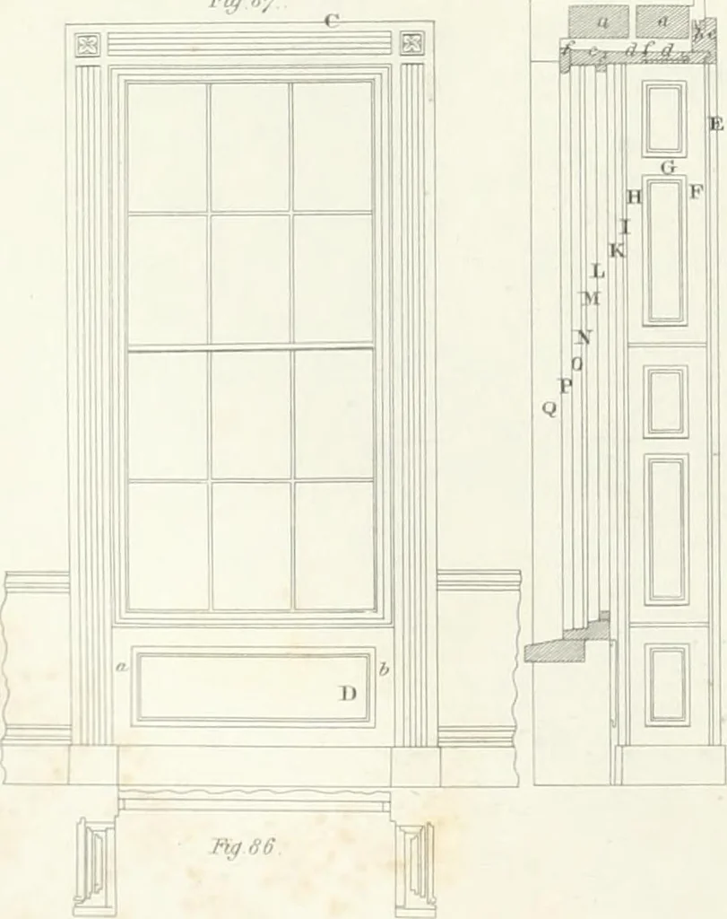 An illustration from Encyclopedia of architecture : a dictionary of the science and practice of architecture, building, carpentry, etc., from the earliest ages to the present time, forming a comprehensive work of reference for the use of architects, builders, carpenters, masons, engineers, students, professional men, and amateurs, 1852, leaf 120