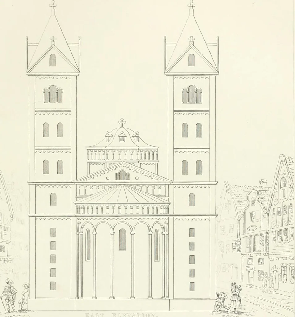 An illustration from Encyclopedia of architecture : a dictionary of the science and practice of architecture, building, carpentry, etc., from the earliest ages to the present time, forming a comprehensive work of reference for the use of architects, builders, carpenters, masons, engineers, students, professional men, and amateurs, 1852, leaf 185