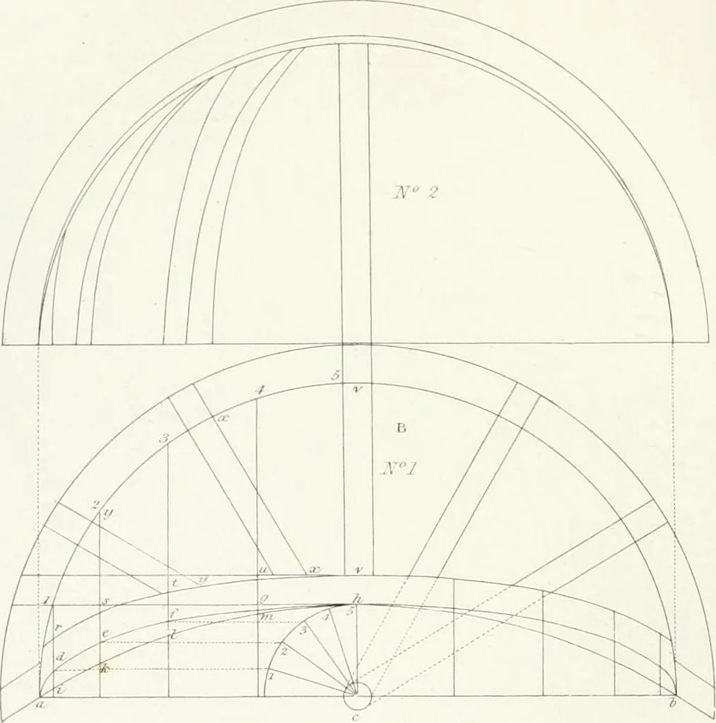 An illustration from Encyclopedia of architecture : a dictionary of the science and practice of architecture, building, carpentry, etc., from the earliest ages to the present time, forming a comprehensive work of reference for the use of architects, builders, carpenters, masons, engineers, students, professional men, and amateurs, 1852, leaf 340