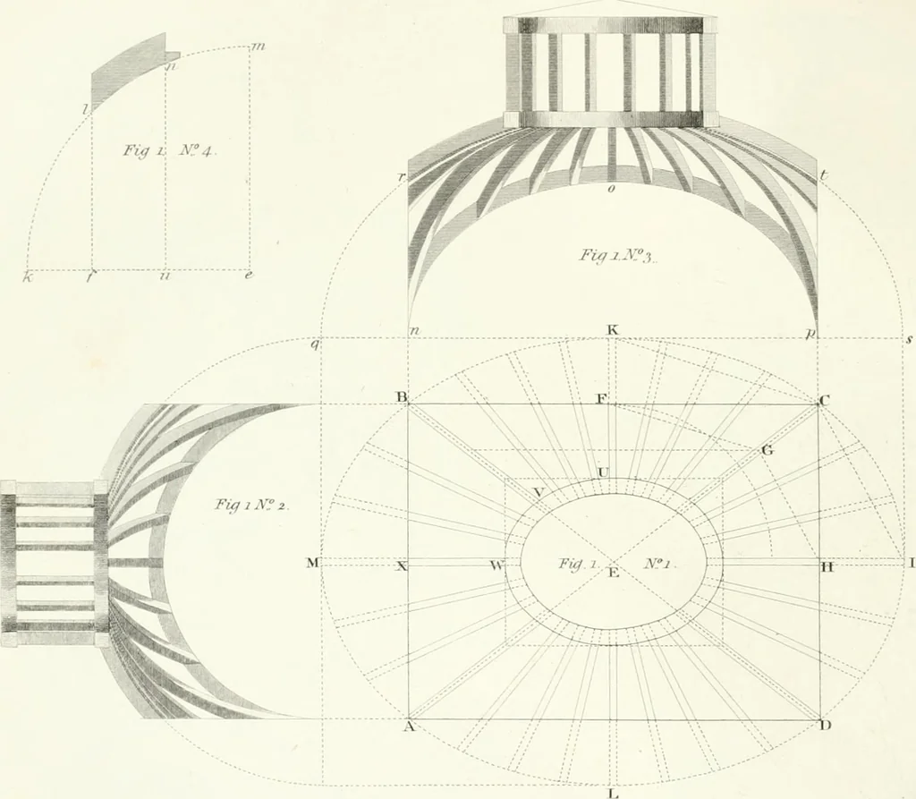An illustration from Encyclopedia of architecture : a dictionary of the science and practice of architecture, building, carpentry, etc., from the earliest ages to the present time, forming a comprehensive work of reference for the use of architects, builders, carpenters, masons, engineers, students, professional men, and amateurs, 1852, leaf 408