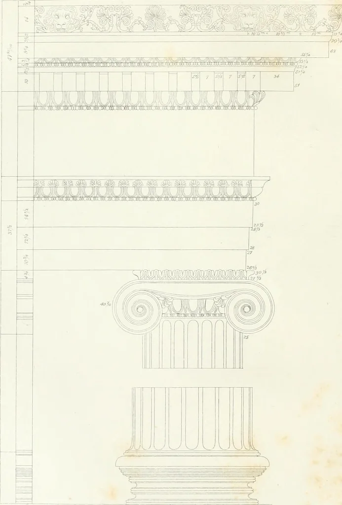 An illustration from Encyclopedia of architecture : a dictionary of the science and practice of architecture, building, carpentry, etc., from the earliest ages to the present time, forming a comprehensive work of reference for the use of architects, builders, carpenters, masons, engineers, students, professional men, and amateurs, 1852, leaf 44