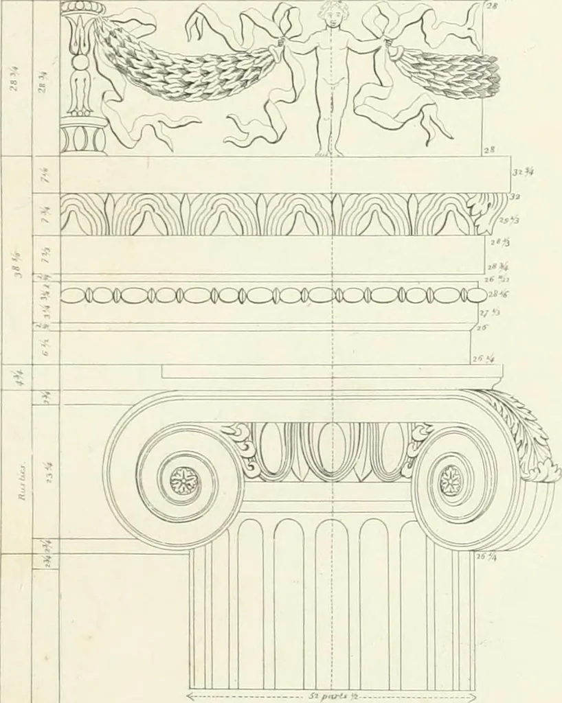 An illustration from Encyclopedia of architecture : a dictionary of the science and practice of architecture, building, carpentry, etc., from the earliest ages to the present time, forming a comprehensive work of reference for the use of architects, builders, carpenters, masons, engineers, students, professional men, and amateurs, 1852, leaf 45