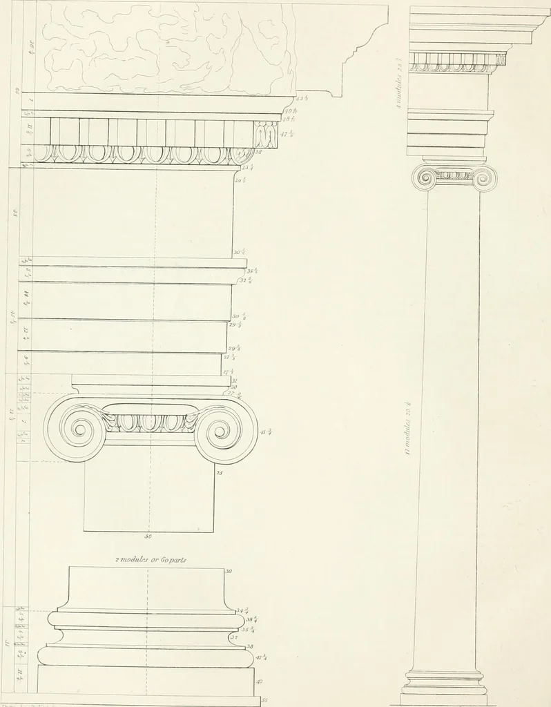 An illustration from Encyclopedia of architecture : a dictionary of the science and practice of architecture, building, carpentry, etc., from the earliest ages to the present time, forming a comprehensive work of reference for the use of architects, builders, carpenters, masons, engineers, students, professional men, and amateurs, 1852, leaf 48
