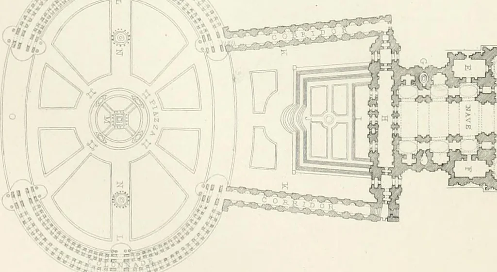 An illustration from Encyclopedia of architecture : a dictionary of the science and practice of architecture, building, carpentry, etc., from the earliest ages to the present time, forming a comprehensive work of reference for the use of architects, builders, carpenters, masons, engineers, students, professional men, and amateurs, 1852, leaf 76
