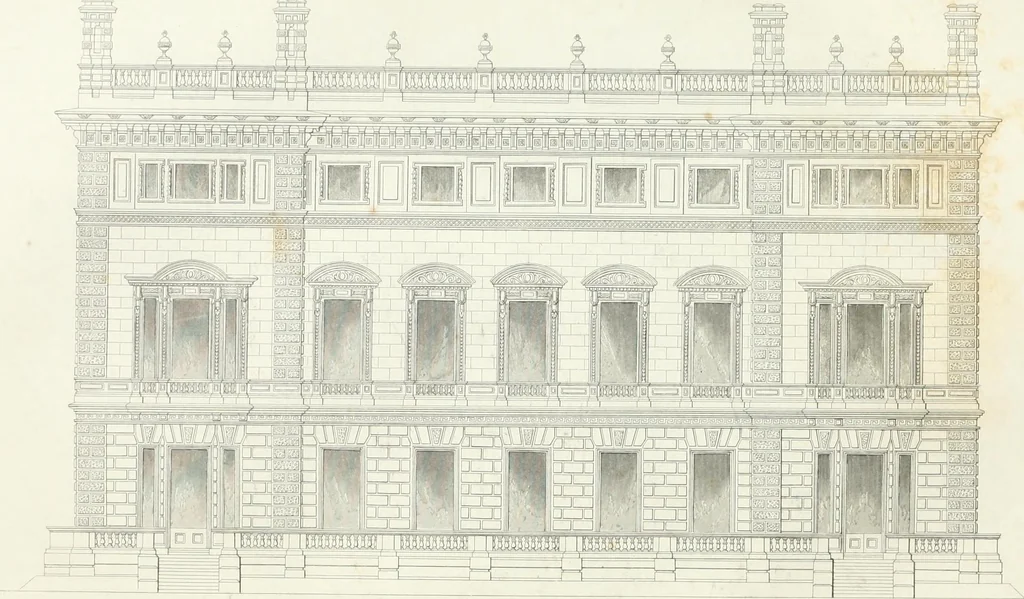 An illustration from Encyclopedia of architecture : a dictionary of the science and practice of architecture, building, carpentry, etc., from the earliest ages to the present time, forming a comprehensive work of reference for the use of architects, builders, carpenters, masons, engineers, students, professional men, and amateurs, 1852, leaf 90