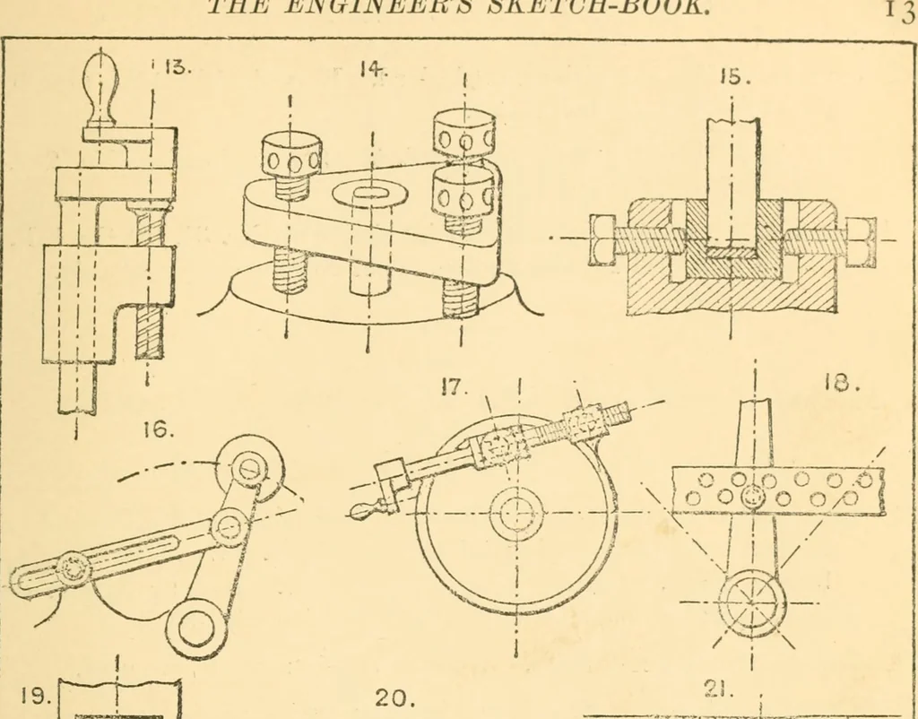 An illustration from The engineer's sketch-book of mechanical movements, devices, appliances, contrivances and details employed in the design and construction of machinery for every purpose;, 1902, leaf 19