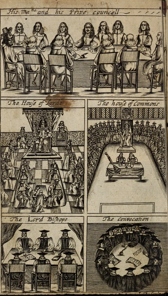 An illustration from Englands glory, or, An exact catalogue of the Lords of His Majesties Most Honourable Privy Councel. : with the Knights of the Most Noble Order of Saint George, called the Garter, and the House of Peers. : as also a catalogue of the Lord Bishops, The House of Commons, the dukes, marquesses, earles, viscounts, barons and baronets, &c. made since His Majesties happy restoration, and the times of their several creations; : likewise a perfect list of the Knights of the Bath, and the preparations and habits that were made for them at the time of their installment at the coronation; together with a perfect catalogue of the Lower House of Convocation now sitting at Westminster, 1660, leaf 3