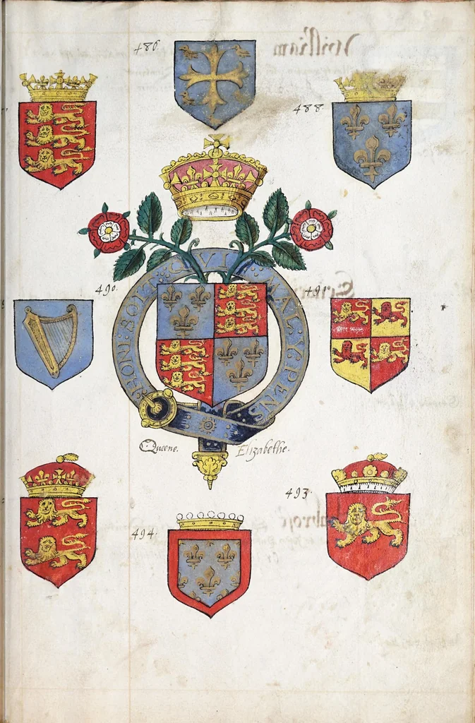 An illustration from English armorial : manuscript, 1603, leaf 177