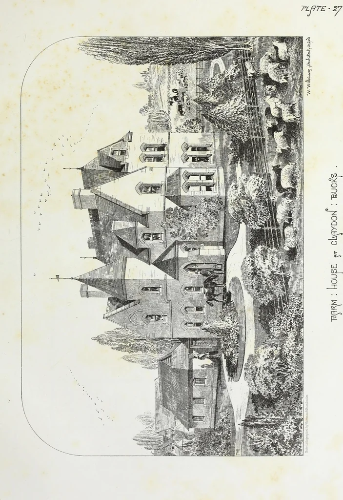 An illustration from English country houses. Forty-five views and plans of recently erected mansions, private residences, parsonage-houses, farm-houses, lodges, and cottages: with a practical treatise on house-building, 1870, leaf 125