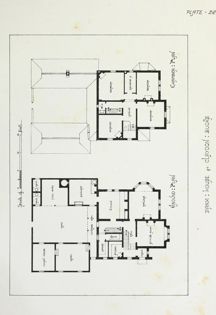 An illustration from English country houses. Forty-five views and plans of recently erected mansions, private residences, parsonage-houses, farm-houses, lodges, and cottages: with a practical treatise on house-building, 1870, leaf 127