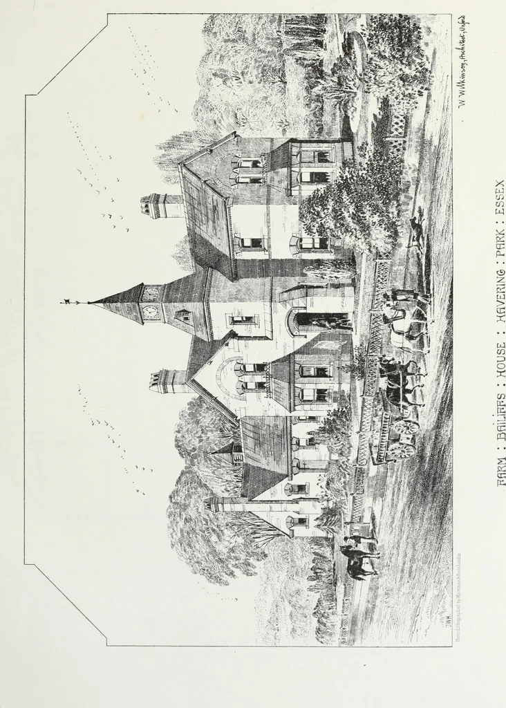 An illustration from English country houses. Forty-five views and plans of recently erected mansions, private residences, parsonage-houses, farm-houses, lodges, and cottages: with a practical treatise on house-building, 1870, leaf 137