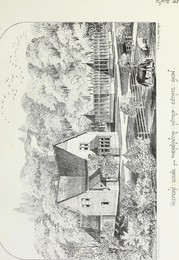 An illustration from English country houses. Forty-five views and plans of recently erected mansions, private residences, parsonage-houses, farm-houses, lodges, and cottages: with a practical treatise on house-building, 1870, leaf 149