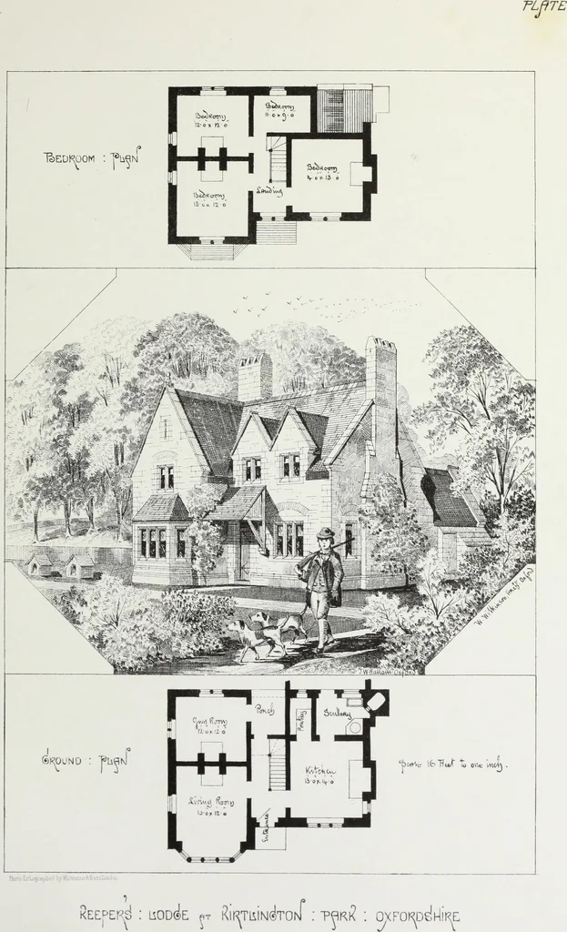An illustration from English country houses. Forty-five views and plans of recently erected mansions, private residences, parsonage-houses, farm-houses, lodges, and cottages: with a practical treatise on house-building, 1870, leaf 155