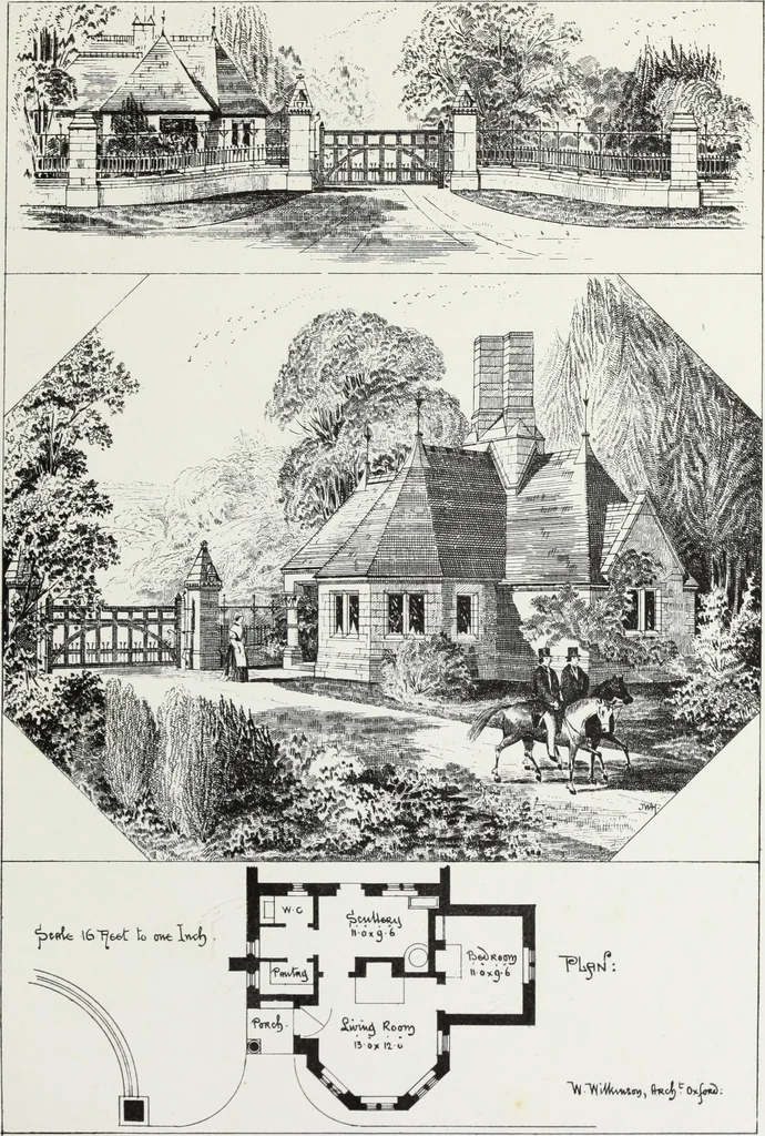 An illustration from English country houses. Forty-five views and plans of recently erected mansions, private residences, parsonage-houses, farm-houses, lodges, and cottages: with a practical treatise on house-building, 1870, leaf 159