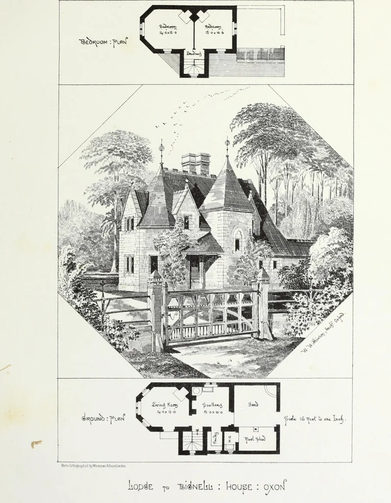 An illustration from English country houses. Forty-five views and plans of recently erected mansions, private residences, parsonage-houses, farm-houses, lodges, and cottages: with a practical treatise on house-building, 1870, leaf 163