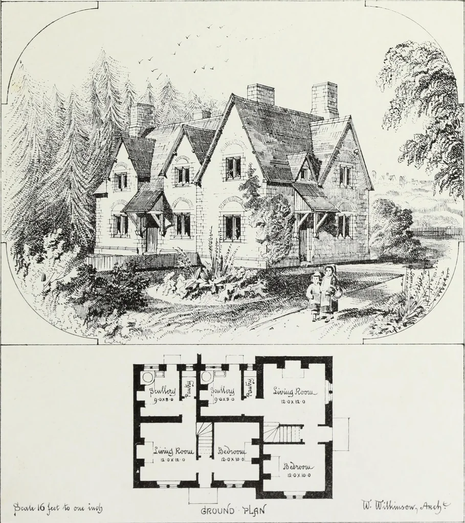 An illustration from English country houses. Forty-five views and plans of recently erected mansions, private residences, parsonage-houses, farm-houses, lodges, and cottages: with a practical treatise on house-building, 1870, leaf 167