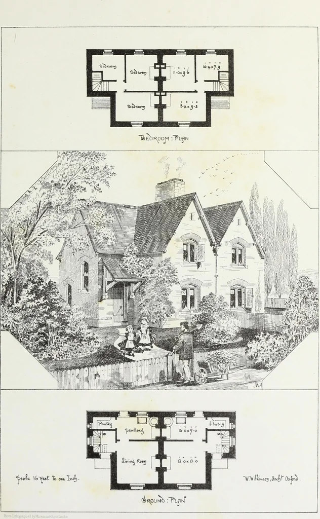An illustration from English country houses. Forty-five views and plans of recently erected mansions, private residences, parsonage-houses, farm-houses, lodges, and cottages: with a practical treatise on house-building, 1870, leaf 171