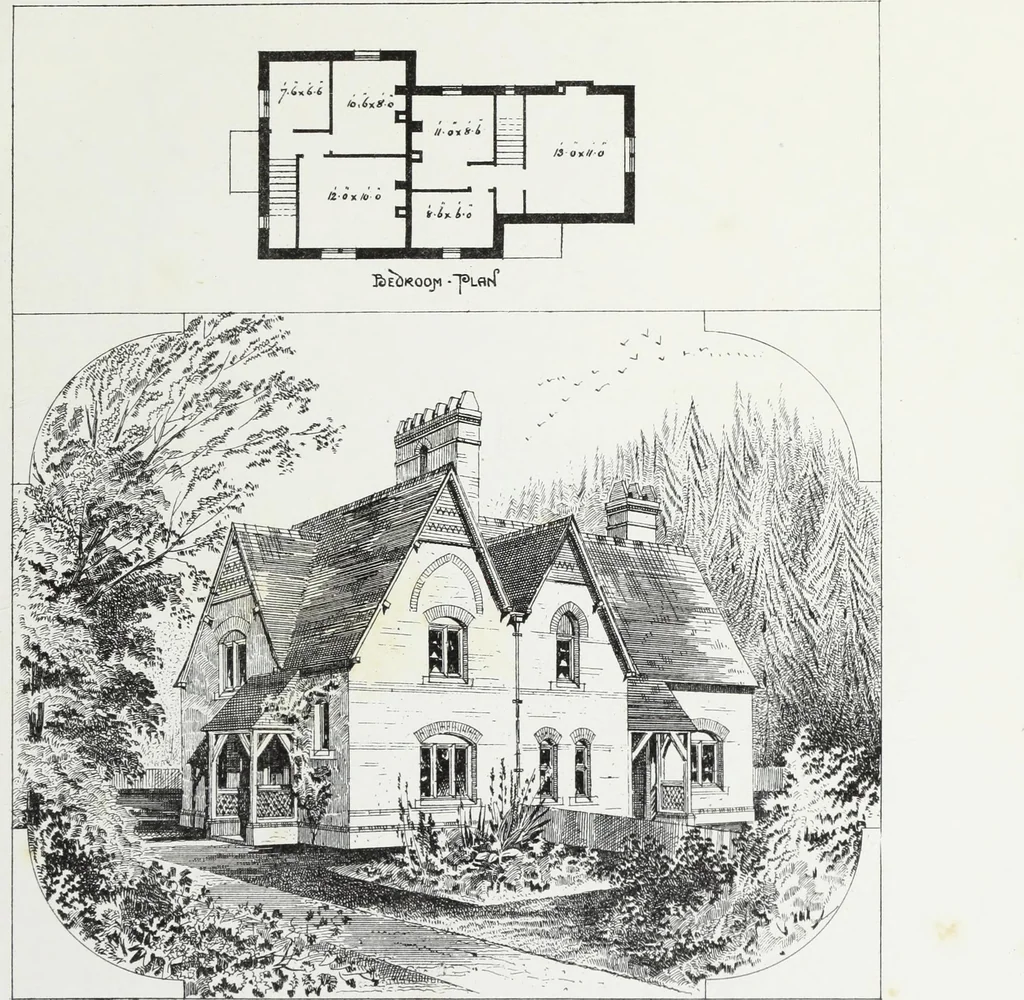 An illustration from English country houses. Forty-five views and plans of recently erected mansions, private residences, parsonage-houses, farm-houses, lodges, and cottages: with a practical treatise on house-building, 1870, leaf 175