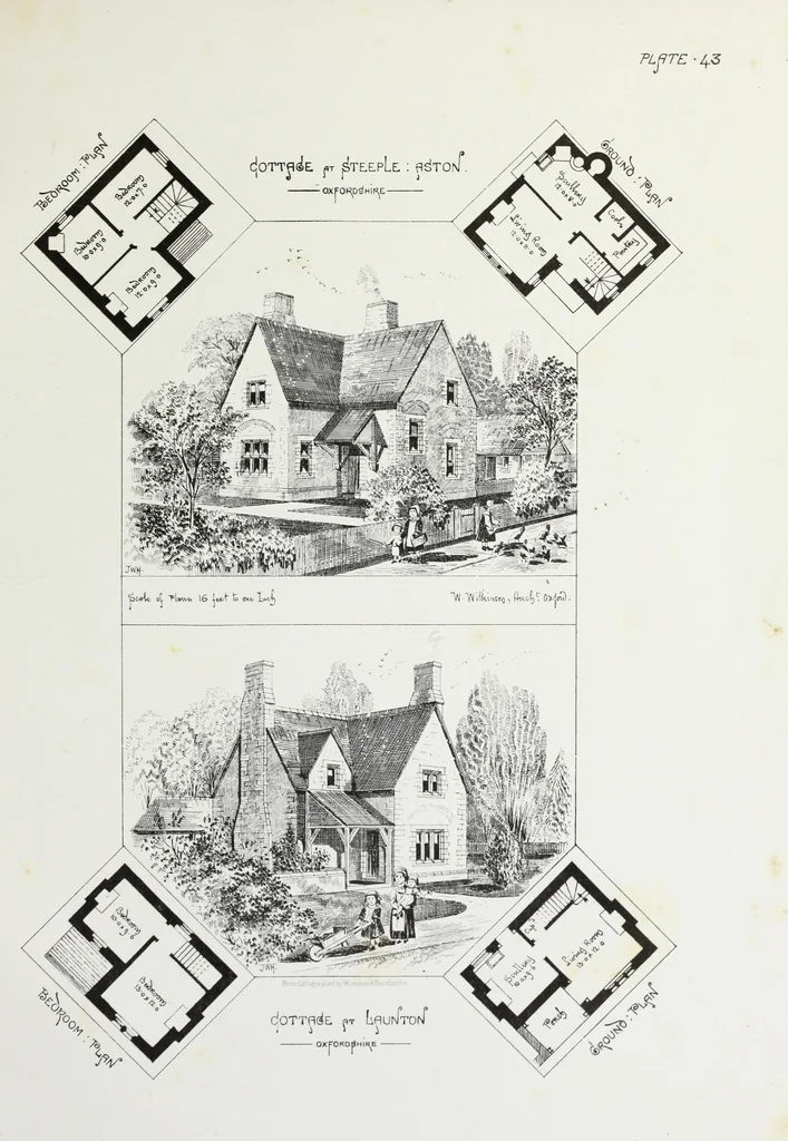 An illustration from English country houses. Forty-five views and plans of recently erected mansions, private residences, parsonage-houses, farm-houses, lodges, and cottages: with a practical treatise on house-building, 1870, leaf 179