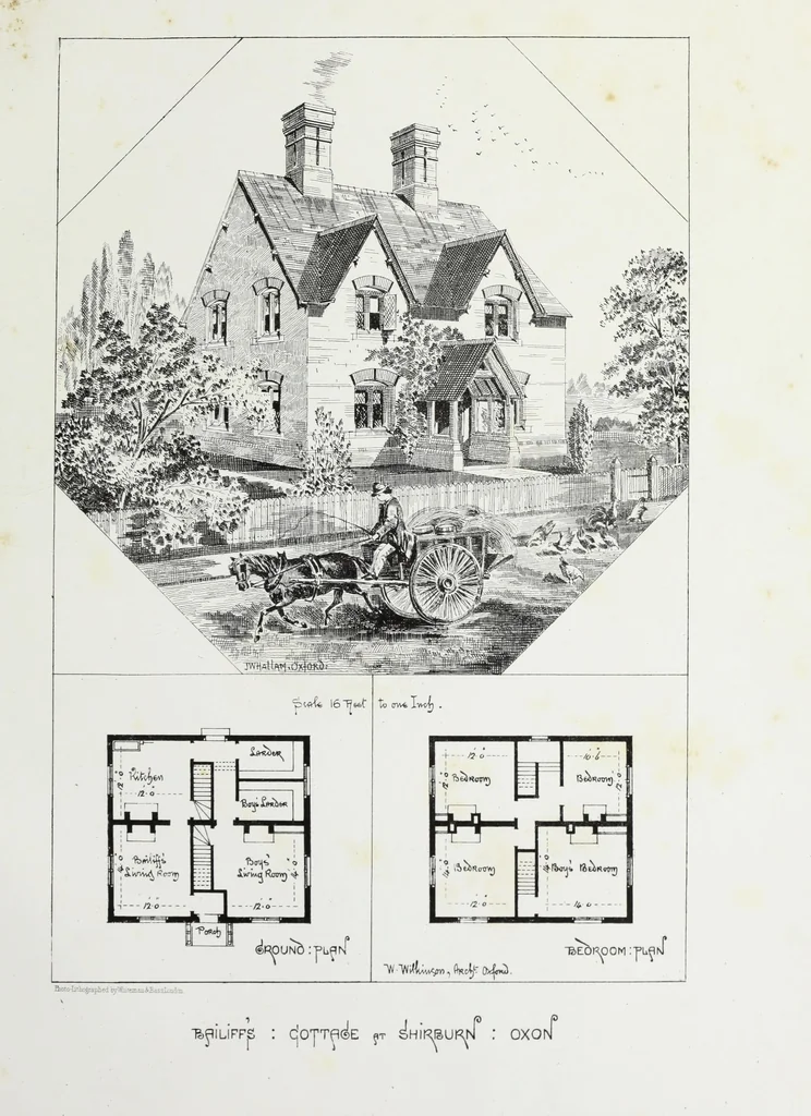 An illustration from English country houses. Forty-five views and plans of recently erected mansions, private residences, parsonage-houses, farm-houses, lodges, and cottages: with a practical treatise on house-building, 1870, leaf 183