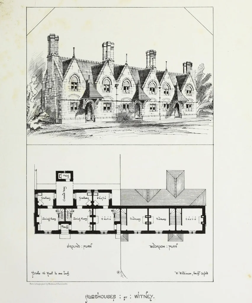 An illustration from English country houses. Forty-five views and plans of recently erected mansions, private residences, parsonage-houses, farm-houses, lodges, and cottages: with a practical treatise on house-building, 1870, leaf 187
