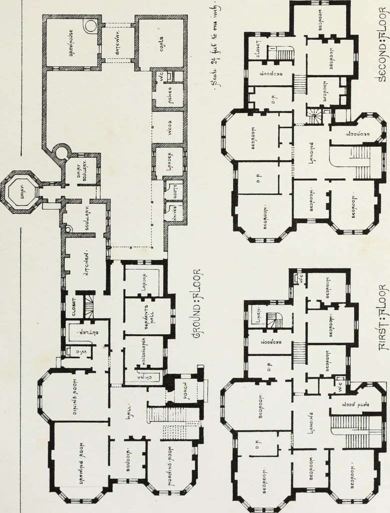An illustration from English country houses. Forty-five views and plans of recently erected mansions, private residences, parsonage-houses, farm-houses, lodges, and cottages: with a practical treatise on house-building, 1870, leaf 61