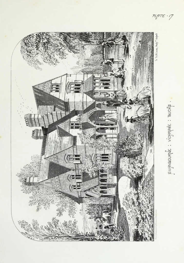 An illustration from English country houses. Forty-five views and plans of recently erected mansions, private residences, parsonage-houses, farm-houses, lodges, and cottages: with a practical treatise on house-building, 1870, leaf 97