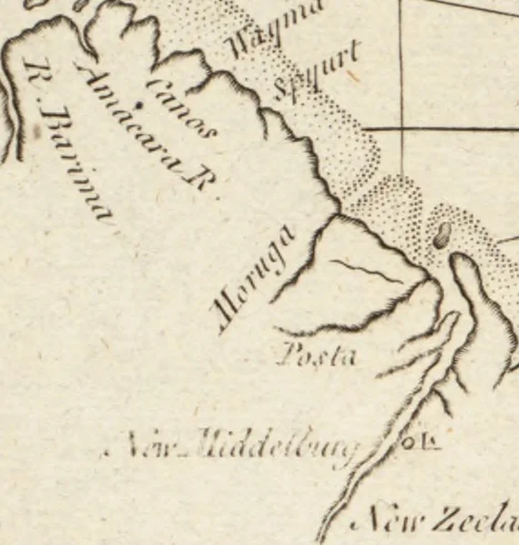 An illustration from The English pilot. [cartographic material] : The fourth book. Describing The West-India navigation, from Hudson's Bay to the River Amazones. Particularly delineating The Sea Coasts, Capes, Headlands, Rivers, Bays, Roads, Havens, Harbours, Streights, Rocks, Sands, Shoals, Banks, Depths of Water, and Anchorage, with all the Islands therein, as Jamaica, Cuba, Hispaniola, Barbadoes, Antigua, Bermudas, Porto Rico, and the rest of the Caribbee and Bahama Islands. Also, A new Description of Newfoundland, New England, New York, East and West New- Jersey, Dellawar Bay, Virginia, Maryland, Carolina. showing, The Courses and Distances from one Place to another; the Ebbing and Flowing of the Sea, the Setting of the Tides and Currents, &c. With many other Things necessary to be known in Navigation., 1775, leaf 104