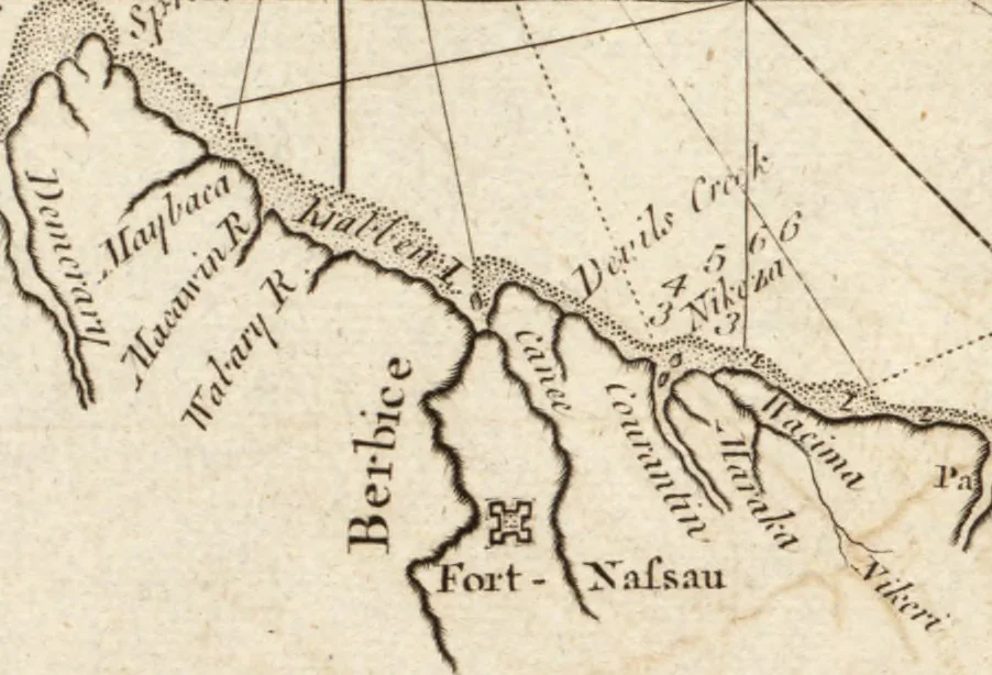 An illustration from The English pilot. [cartographic material] : The fourth book. Describing The West-India navigation, from Hudson's Bay to the River Amazones. Particularly delineating The Sea Coasts, Capes, Headlands, Rivers, Bays, Roads, Havens, Harbours, Streights, Rocks, Sands, Shoals, Banks, Depths of Water, and Anchorage, with all the Islands therein, as Jamaica, Cuba, Hispaniola, Barbadoes, Antigua, Bermudas, Porto Rico, and the rest of the Caribbee and Bahama Islands. Also, A new Description of Newfoundland, New England, New York, East and West New- Jersey, Dellawar Bay, Virginia, Maryland, Carolina. showing, The Courses and Distances from one Place to another; the Ebbing and Flowing of the Sea, the Setting of the Tides and Currents, &c. With many other Things necessary to be known in Navigation., 1775, leaf 104