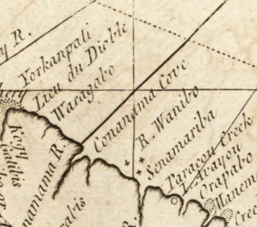 An illustration from The English pilot. [cartographic material] : The fourth book. Describing The West-India navigation, from Hudson's Bay to the River Amazones. Particularly delineating The Sea Coasts, Capes, Headlands, Rivers, Bays, Roads, Havens, Harbours, Streights, Rocks, Sands, Shoals, Banks, Depths of Water, and Anchorage, with all the Islands therein, as Jamaica, Cuba, Hispaniola, Barbadoes, Antigua, Bermudas, Porto Rico, and the rest of the Caribbee and Bahama Islands. Also, A new Description of Newfoundland, New England, New York, East and West New- Jersey, Dellawar Bay, Virginia, Maryland, Carolina. showing, The Courses and Distances from one Place to another; the Ebbing and Flowing of the Sea, the Setting of the Tides and Currents, &c. With many other Things necessary to be known in Navigation., 1775, leaf 104