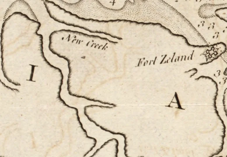 An illustration from The English pilot. [cartographic material] : The fourth book. Describing The West-India navigation, from Hudson's Bay to the River Amazones. Particularly delineating The Sea Coasts, Capes, Headlands, Rivers, Bays, Roads, Havens, Harbours, Streights, Rocks, Sands, Shoals, Banks, Depths of Water, and Anchorage, with all the Islands therein, as Jamaica, Cuba, Hispaniola, Barbadoes, Antigua, Bermudas, Porto Rico, and the rest of the Caribbee and Bahama Islands. Also, A new Description of Newfoundland, New England, New York, East and West New- Jersey, Dellawar Bay, Virginia, Maryland, Carolina. showing, The Courses and Distances from one Place to another; the Ebbing and Flowing of the Sea, the Setting of the Tides and Currents, &c. With many other Things necessary to be known in Navigation., 1775, leaf 104