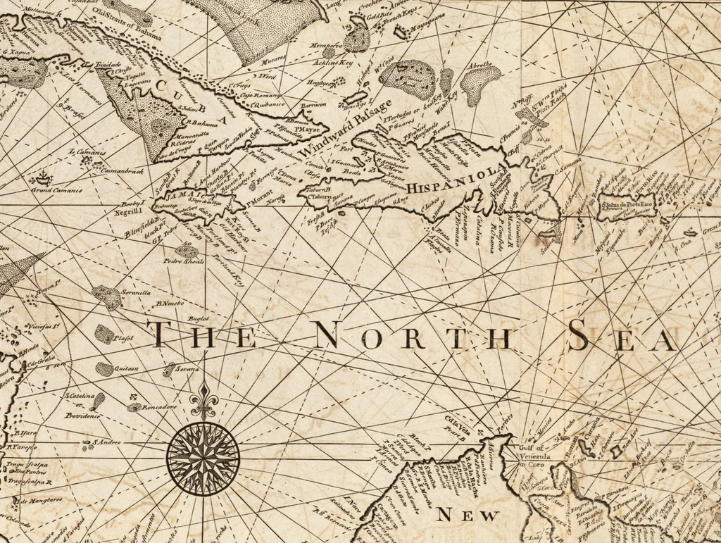 An illustration from The English pilot. [cartographic material] : The fourth book. Describing The West-India navigation, from Hudson's Bay to the River Amazones. Particularly delineating The Sea Coasts, Capes, Headlands, Rivers, Bays, Roads, Havens, Harbours, Streights, Rocks, Sands, Shoals, Banks, Depths of Water, and Anchorage, with all the Islands therein, as Jamaica, Cuba, Hispaniola, Barbadoes, Antigua, Bermudas, Porto Rico, and the rest of the Caribbee and Bahama Islands. Also, A new Description of Newfoundland, New England, New York, East and West New- Jersey, Dellawar Bay, Virginia, Maryland, Carolina. showing, The Courses and Distances from one Place to another; the Ebbing and Flowing of the Sea, the Setting of the Tides and Currents, &c. With many other Things necessary to be known in Navigation., 1775, leaf 106