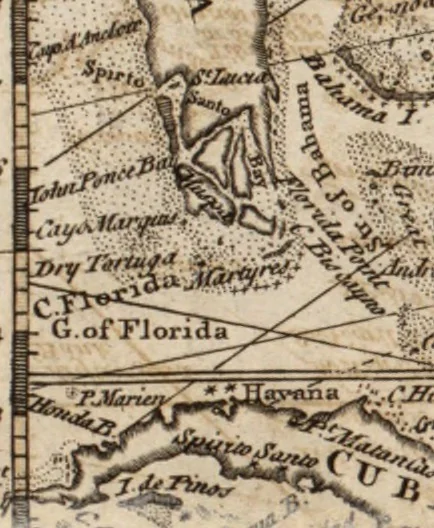 An illustration from The English pilot. [cartographic material] : The fourth book. Describing The West-India navigation, from Hudson's Bay to the River Amazones. Particularly delineating The Sea Coasts, Capes, Headlands, Rivers, Bays, Roads, Havens, Harbours, Streights, Rocks, Sands, Shoals, Banks, Depths of Water, and Anchorage, with all the Islands therein, as Jamaica, Cuba, Hispaniola, Barbadoes, Antigua, Bermudas, Porto Rico, and the rest of the Caribbee and Bahama Islands. Also, A new Description of Newfoundland, New England, New York, East and West New- Jersey, Dellawar Bay, Virginia, Maryland, Carolina. showing, The Courses and Distances from one Place to another; the Ebbing and Flowing of the Sea, the Setting of the Tides and Currents, &c. With many other Things necessary to be known in Navigation., 1775, leaf 16