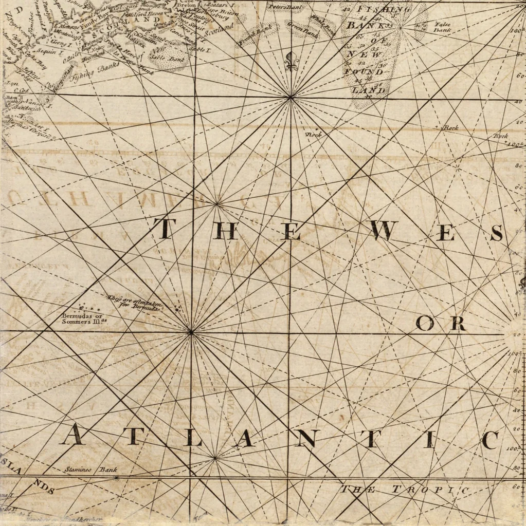 An illustration from The English pilot. [cartographic material] : The fourth book. Describing The West-India navigation, from Hudson's Bay to the River Amazones. Particularly delineating The Sea Coasts, Capes, Headlands, Rivers, Bays, Roads, Havens, Harbours, Streights, Rocks, Sands, Shoals, Banks, Depths of Water, and Anchorage, with all the Islands therein, as Jamaica, Cuba, Hispaniola, Barbadoes, Antigua, Bermudas, Porto Rico, and the rest of the Caribbee and Bahama Islands. Also, A new Description of Newfoundland, New England, New York, East and West New- Jersey, Dellawar Bay, Virginia, Maryland, Carolina. showing, The Courses and Distances from one Place to another; the Ebbing and Flowing of the Sea, the Setting of the Tides and Currents, &c. With many other Things necessary to be known in Navigation., 1775, leaf 16