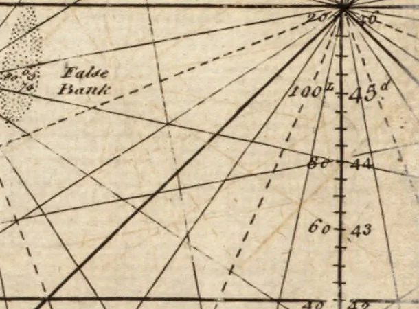An illustration from The English pilot. [cartographic material] : The fourth book. Describing The West-India navigation, from Hudson's Bay to the River Amazones. Particularly delineating The Sea Coasts, Capes, Headlands, Rivers, Bays, Roads, Havens, Harbours, Streights, Rocks, Sands, Shoals, Banks, Depths of Water, and Anchorage, with all the Islands therein, as Jamaica, Cuba, Hispaniola, Barbadoes, Antigua, Bermudas, Porto Rico, and the rest of the Caribbee and Bahama Islands. Also, A new Description of Newfoundland, New England, New York, East and West New- Jersey, Dellawar Bay, Virginia, Maryland, Carolina. showing, The Courses and Distances from one Place to another; the Ebbing and Flowing of the Sea, the Setting of the Tides and Currents, &c. With many other Things necessary to be known in Navigation., 1775, leaf 16