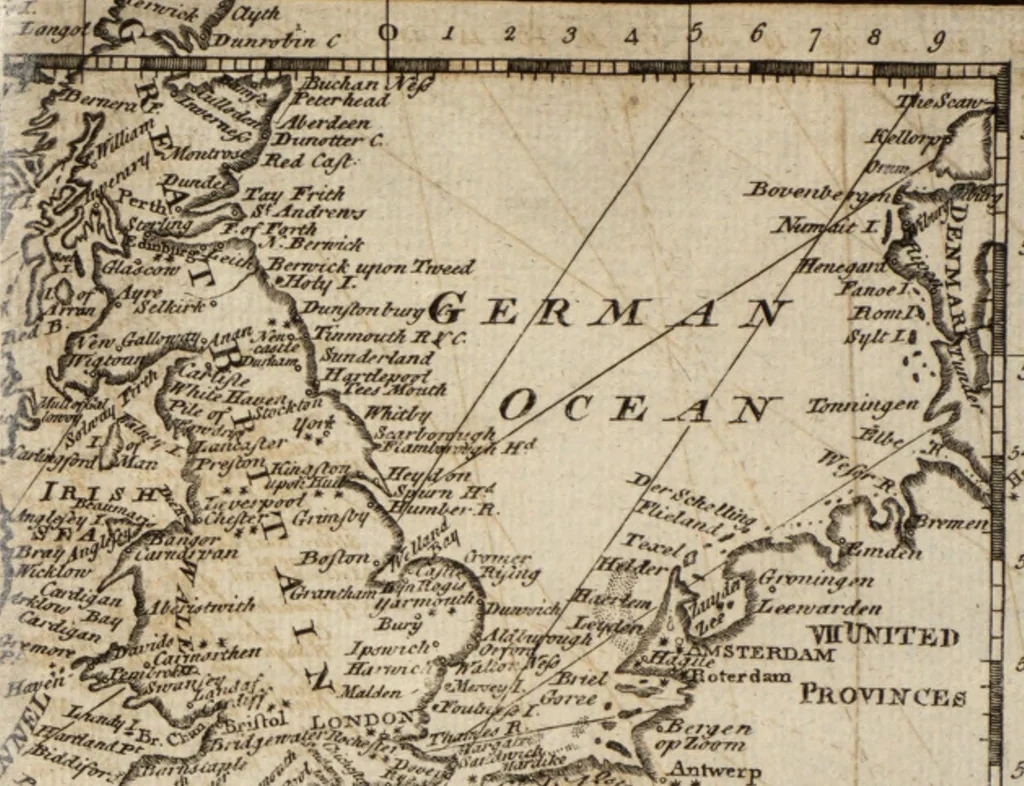 An illustration from The English pilot. [cartographic material] : The fourth book. Describing The West-India navigation, from Hudson's Bay to the River Amazones. Particularly delineating The Sea Coasts, Capes, Headlands, Rivers, Bays, Roads, Havens, Harbours, Streights, Rocks, Sands, Shoals, Banks, Depths of Water, and Anchorage, with all the Islands therein, as Jamaica, Cuba, Hispaniola, Barbadoes, Antigua, Bermudas, Porto Rico, and the rest of the Caribbee and Bahama Islands. Also, A new Description of Newfoundland, New England, New York, East and West New- Jersey, Dellawar Bay, Virginia, Maryland, Carolina. showing, The Courses and Distances from one Place to another; the Ebbing and Flowing of the Sea, the Setting of the Tides and Currents, &c. With many other Things necessary to be known in Navigation., 1775, leaf 16