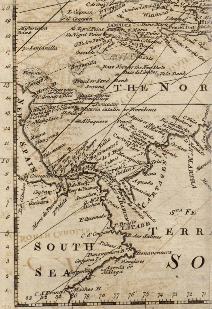 An illustration from The English pilot. [cartographic material] : The fourth book. Describing The West-India navigation, from Hudson's Bay to the River Amazones. Particularly delineating The Sea Coasts, Capes, Headlands, Rivers, Bays, Roads, Havens, Harbours, Streights, Rocks, Sands, Shoals, Banks, Depths of Water, and Anchorage, with all the Islands therein, as Jamaica, Cuba, Hispaniola, Barbadoes, Antigua, Bermudas, Porto Rico, and the rest of the Caribbee and Bahama Islands. Also, A new Description of Newfoundland, New England, New York, East and West New- Jersey, Dellawar Bay, Virginia, Maryland, Carolina. showing, The Courses and Distances from one Place to another; the Ebbing and Flowing of the Sea, the Setting of the Tides and Currents, &c. With many other Things necessary to be known in Navigation., 1775, leaf 16