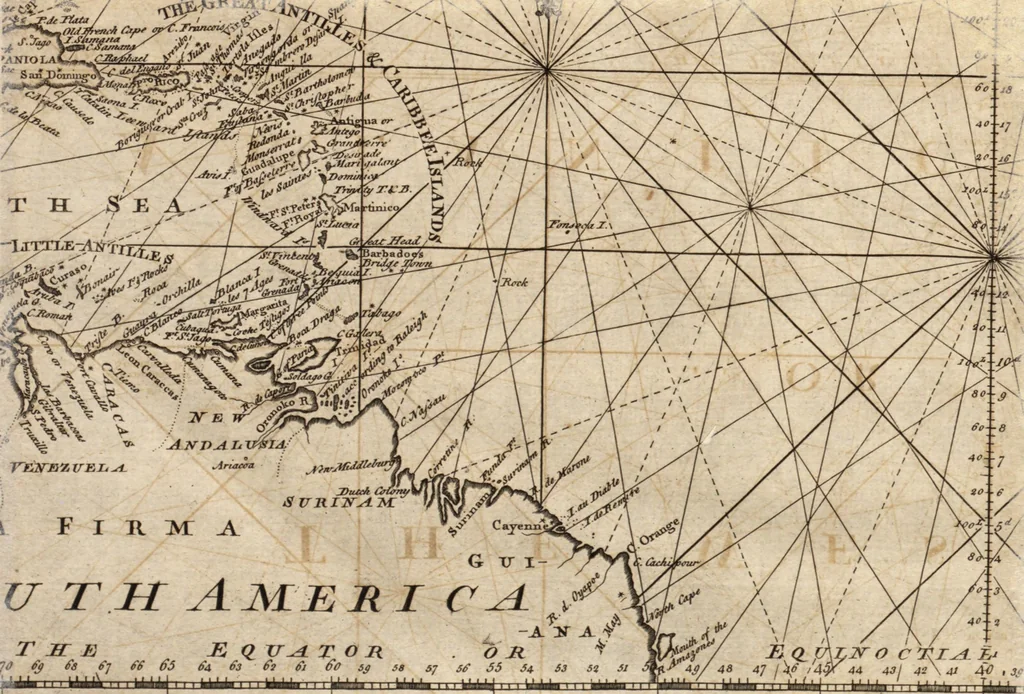 An illustration from The English pilot. [cartographic material] : The fourth book. Describing The West-India navigation, from Hudson's Bay to the River Amazones. Particularly delineating The Sea Coasts, Capes, Headlands, Rivers, Bays, Roads, Havens, Harbours, Streights, Rocks, Sands, Shoals, Banks, Depths of Water, and Anchorage, with all the Islands therein, as Jamaica, Cuba, Hispaniola, Barbadoes, Antigua, Bermudas, Porto Rico, and the rest of the Caribbee and Bahama Islands. Also, A new Description of Newfoundland, New England, New York, East and West New- Jersey, Dellawar Bay, Virginia, Maryland, Carolina. showing, The Courses and Distances from one Place to another; the Ebbing and Flowing of the Sea, the Setting of the Tides and Currents, &c. With many other Things necessary to be known in Navigation., 1775, leaf 16