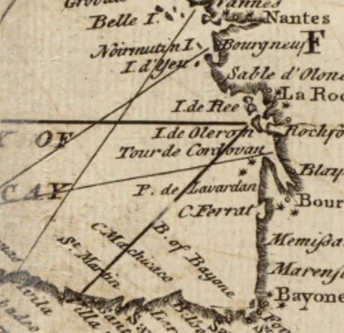 An illustration from The English pilot. [cartographic material] : The fourth book. Describing The West-India navigation, from Hudson's Bay to the River Amazones. Particularly delineating The Sea Coasts, Capes, Headlands, Rivers, Bays, Roads, Havens, Harbours, Streights, Rocks, Sands, Shoals, Banks, Depths of Water, and Anchorage, with all the Islands therein, as Jamaica, Cuba, Hispaniola, Barbadoes, Antigua, Bermudas, Porto Rico, and the rest of the Caribbee and Bahama Islands. Also, A new Description of Newfoundland, New England, New York, East and West New- Jersey, Dellawar Bay, Virginia, Maryland, Carolina. showing, The Courses and Distances from one Place to another; the Ebbing and Flowing of the Sea, the Setting of the Tides and Currents, &c. With many other Things necessary to be known in Navigation., 1775, leaf 16
