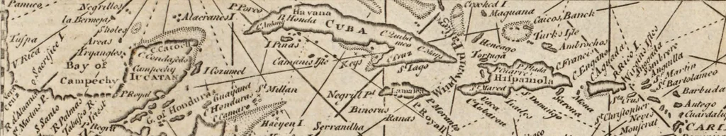 An illustration from The English pilot. [cartographic material] : The fourth book. Describing The West-India navigation, from Hudson's Bay to the River Amazones. Particularly delineating The Sea Coasts, Capes, Headlands, Rivers, Bays, Roads, Havens, Harbours, Streights, Rocks, Sands, Shoals, Banks, Depths of Water, and Anchorage, with all the Islands therein, as Jamaica, Cuba, Hispaniola, Barbadoes, Antigua, Bermudas, Porto Rico, and the rest of the Caribbee and Bahama Islands. Also, A new Description of Newfoundland, New England, New York, East and West New- Jersey, Dellawar Bay, Virginia, Maryland, Carolina. showing, The Courses and Distances from one Place to another; the Ebbing and Flowing of the Sea, the Setting of the Tides and Currents, &c. With many other Things necessary to be known in Navigation., 1775, leaf 18
