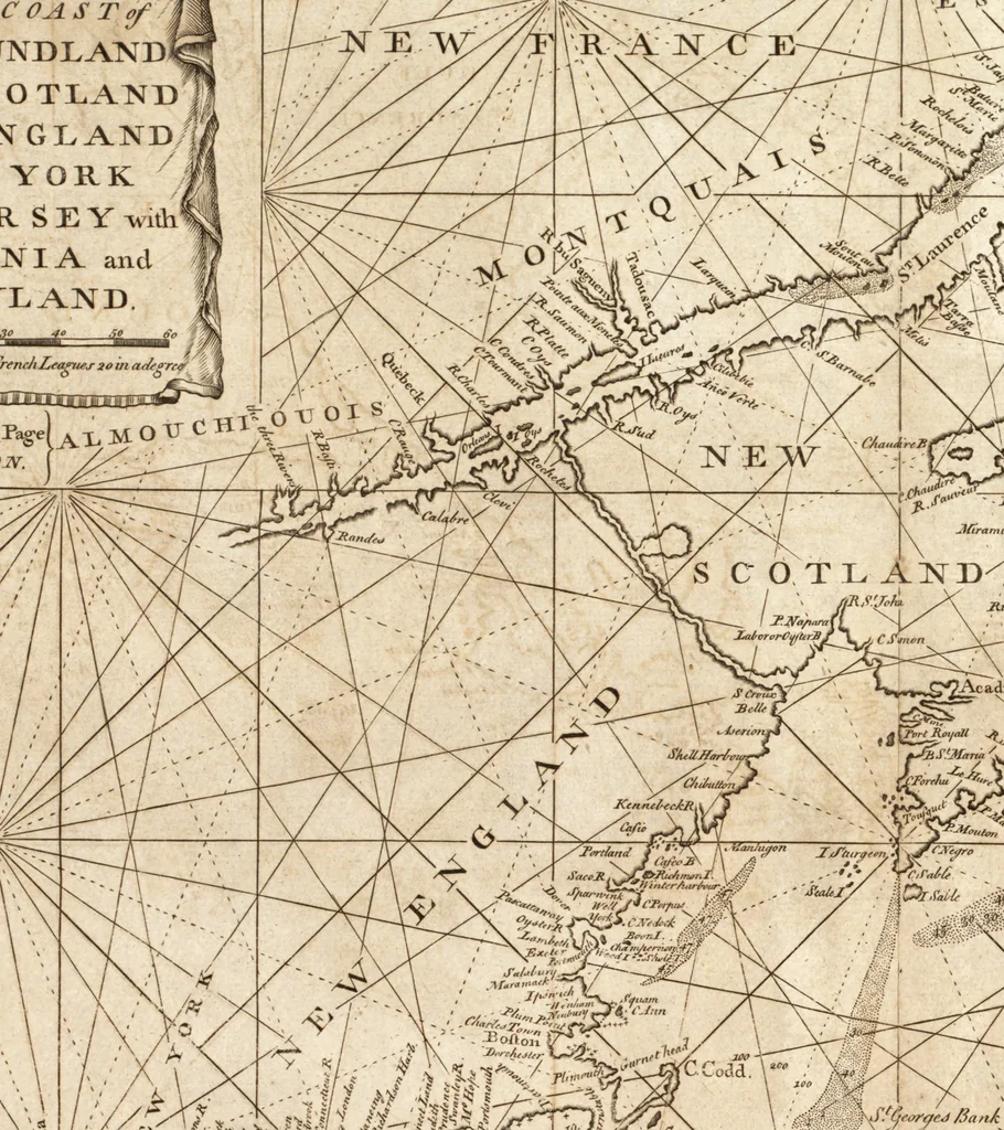 An illustration from The English pilot. [cartographic material] : The fourth book. Describing The West-India navigation, from Hudson's Bay to the River Amazones. Particularly delineating The Sea Coasts, Capes, Headlands, Rivers, Bays, Roads, Havens, Harbours, Streights, Rocks, Sands, Shoals, Banks, Depths of Water, and Anchorage, with all the Islands therein, as Jamaica, Cuba, Hispaniola, Barbadoes, Antigua, Bermudas, Porto Rico, and the rest of the Caribbee and Bahama Islands. Also, A new Description of Newfoundland, New England, New York, East and West New- Jersey, Dellawar Bay, Virginia, Maryland, Carolina. showing, The Courses and Distances from one Place to another; the Ebbing and Flowing of the Sea, the Setting of the Tides and Currents, &c. With many other Things necessary to be known in Navigation., 1775, leaf 20