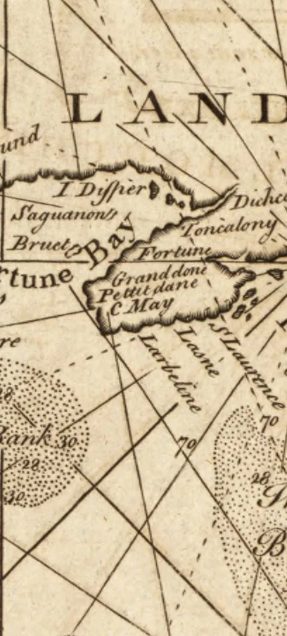 An illustration from The English pilot. [cartographic material] : The fourth book. Describing The West-India navigation, from Hudson's Bay to the River Amazones. Particularly delineating The Sea Coasts, Capes, Headlands, Rivers, Bays, Roads, Havens, Harbours, Streights, Rocks, Sands, Shoals, Banks, Depths of Water, and Anchorage, with all the Islands therein, as Jamaica, Cuba, Hispaniola, Barbadoes, Antigua, Bermudas, Porto Rico, and the rest of the Caribbee and Bahama Islands. Also, A new Description of Newfoundland, New England, New York, East and West New- Jersey, Dellawar Bay, Virginia, Maryland, Carolina. showing, The Courses and Distances from one Place to another; the Ebbing and Flowing of the Sea, the Setting of the Tides and Currents, &c. With many other Things necessary to be known in Navigation., 1775, leaf 20