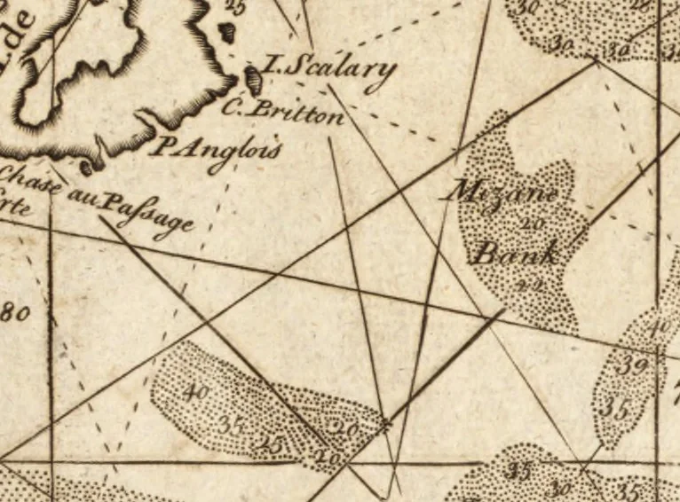 An illustration from The English pilot. [cartographic material] : The fourth book. Describing The West-India navigation, from Hudson's Bay to the River Amazones. Particularly delineating The Sea Coasts, Capes, Headlands, Rivers, Bays, Roads, Havens, Harbours, Streights, Rocks, Sands, Shoals, Banks, Depths of Water, and Anchorage, with all the Islands therein, as Jamaica, Cuba, Hispaniola, Barbadoes, Antigua, Bermudas, Porto Rico, and the rest of the Caribbee and Bahama Islands. Also, A new Description of Newfoundland, New England, New York, East and West New- Jersey, Dellawar Bay, Virginia, Maryland, Carolina. showing, The Courses and Distances from one Place to another; the Ebbing and Flowing of the Sea, the Setting of the Tides and Currents, &c. With many other Things necessary to be known in Navigation., 1775, leaf 20