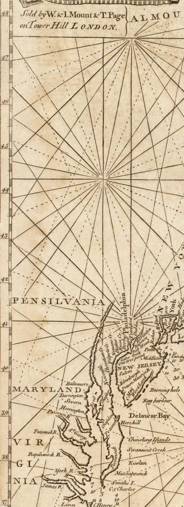 An illustration from The English pilot. [cartographic material] : The fourth book. Describing The West-India navigation, from Hudson's Bay to the River Amazones. Particularly delineating The Sea Coasts, Capes, Headlands, Rivers, Bays, Roads, Havens, Harbours, Streights, Rocks, Sands, Shoals, Banks, Depths of Water, and Anchorage, with all the Islands therein, as Jamaica, Cuba, Hispaniola, Barbadoes, Antigua, Bermudas, Porto Rico, and the rest of the Caribbee and Bahama Islands. Also, A new Description of Newfoundland, New England, New York, East and West New- Jersey, Dellawar Bay, Virginia, Maryland, Carolina. showing, The Courses and Distances from one Place to another; the Ebbing and Flowing of the Sea, the Setting of the Tides and Currents, &c. With many other Things necessary to be known in Navigation., 1775, leaf 20