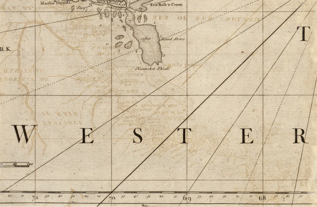 An illustration from The English pilot. [cartographic material] : The fourth book. Describing The West-India navigation, from Hudson's Bay to the River Amazones. Particularly delineating The Sea Coasts, Capes, Headlands, Rivers, Bays, Roads, Havens, Harbours, Streights, Rocks, Sands, Shoals, Banks, Depths of Water, and Anchorage, with all the Islands therein, as Jamaica, Cuba, Hispaniola, Barbadoes, Antigua, Bermudas, Porto Rico, and the rest of the Caribbee and Bahama Islands. Also, A new Description of Newfoundland, New England, New York, East and West New- Jersey, Dellawar Bay, Virginia, Maryland, Carolina. showing, The Courses and Distances from one Place to another; the Ebbing and Flowing of the Sea, the Setting of the Tides and Currents, &c. With many other Things necessary to be known in Navigation., 1775, leaf 40