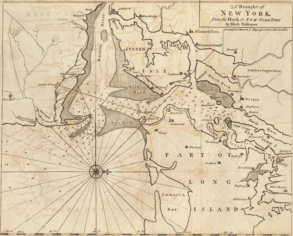 An illustration from The English pilot. [cartographic material] : The fourth book. Describing The West-India navigation, from Hudson's Bay to the River Amazones. Particularly delineating The Sea Coasts, Capes, Headlands, Rivers, Bays, Roads, Havens, Harbours, Streights, Rocks, Sands, Shoals, Banks, Depths of Water, and Anchorage, with all the Islands therein, as Jamaica, Cuba, Hispaniola, Barbadoes, Antigua, Bermudas, Porto Rico, and the rest of the Caribbee and Bahama Islands. Also, A new Description of Newfoundland, New England, New York, East and West New- Jersey, Dellawar Bay, Virginia, Maryland, Carolina. showing, The Courses and Distances from one Place to another; the Ebbing and Flowing of the Sea, the Setting of the Tides and Currents, &c. With many other Things necessary to be known in Navigation., 1775, leaf 46