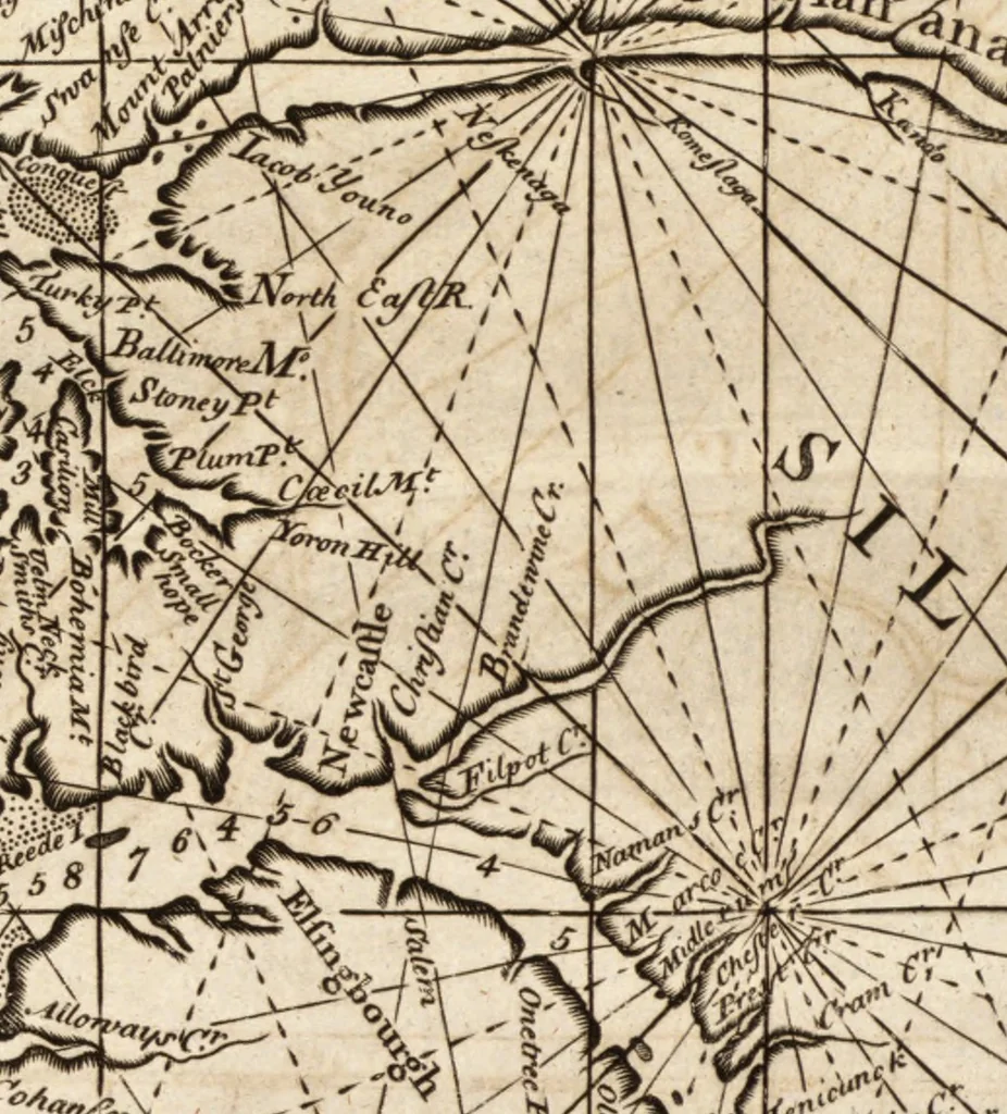 An illustration from The English pilot. [cartographic material] : The fourth book. Describing The West-India navigation, from Hudson's Bay to the River Amazones. Particularly delineating The Sea Coasts, Capes, Headlands, Rivers, Bays, Roads, Havens, Harbours, Streights, Rocks, Sands, Shoals, Banks, Depths of Water, and Anchorage, with all the Islands therein, as Jamaica, Cuba, Hispaniola, Barbadoes, Antigua, Bermudas, Porto Rico, and the rest of the Caribbee and Bahama Islands. Also, A new Description of Newfoundland, New England, New York, East and West New- Jersey, Dellawar Bay, Virginia, Maryland, Carolina. showing, The Courses and Distances from one Place to another; the Ebbing and Flowing of the Sea, the Setting of the Tides and Currents, &c. With many other Things necessary to be known in Navigation., 1775, leaf 48